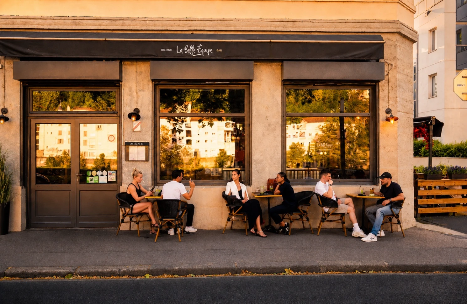 Grande salle lumineuse et bar du restaurant La Belle Équipe à Lyon 9